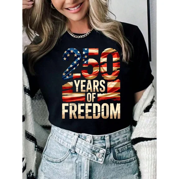 Women's 250 Years of Freedom American Flag Graphic T-Shirt, Patriotic USA Semicentennial Black Tee