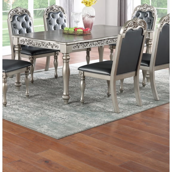 Dining Table, Rectangular Rubberwood Wood Veneer Table with Antique Intricate Design and Unique Legs, Silver and Grey Finish, 72" x 42" x 30"H, Formal Traditional Dining Room Table