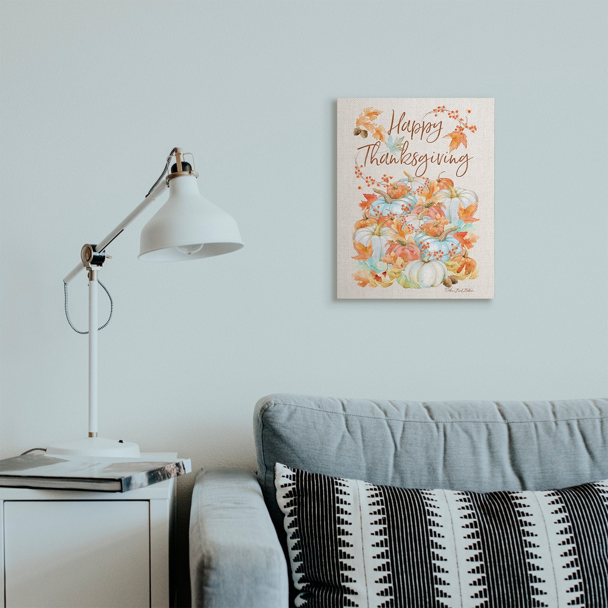 Stupell Industries Happy Thanksgiving Phrase White Autumn Pumpkins Holiday Painting Gallery Wrapped Canvas Art Print Wall Art, 30 x 40