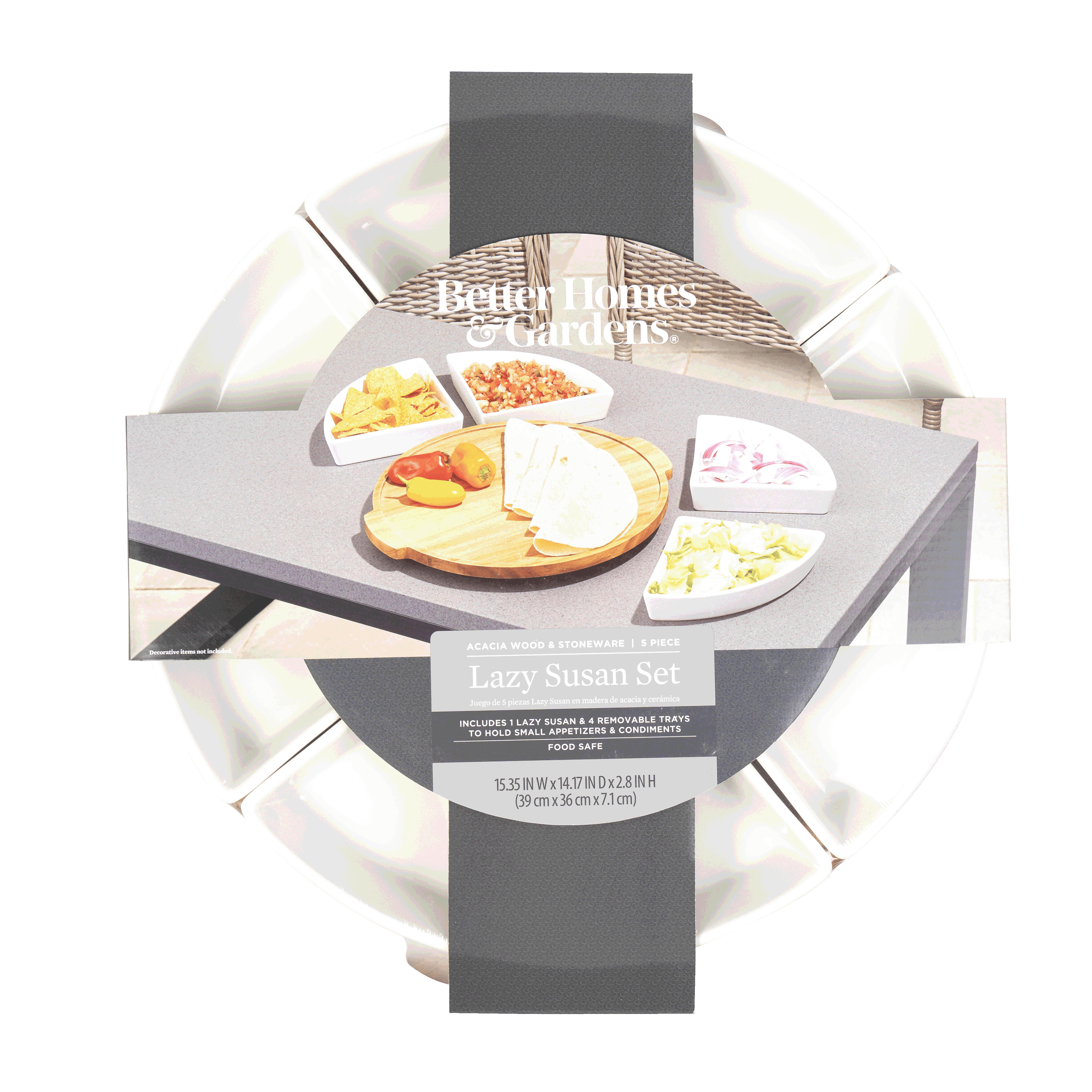 Better Homes & Gardens Acacia and Stoneware 5pc Lazy Susan Set, 15.35INW x 14.17IND x 2.8INH