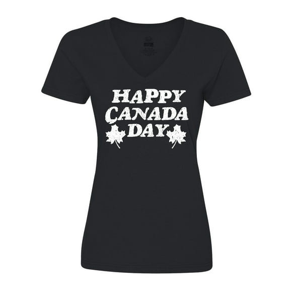 Inktastic Happy Canada Day with Distressed Maple Leaves Women's V-Neck T-Shirt