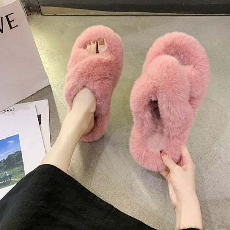 

CoCopeanut Winter House Women Fur Slippers Fashion Cross Band Warm Plush Ladies Fluffy Shoes Cozy Open Toe Indoor Fuzzy Slides For Girls