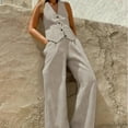 thumbnail image 3 of Women's Solid Color Sleeveless Casual Set in Beige with Vintage Vacation Style, 3 of 13