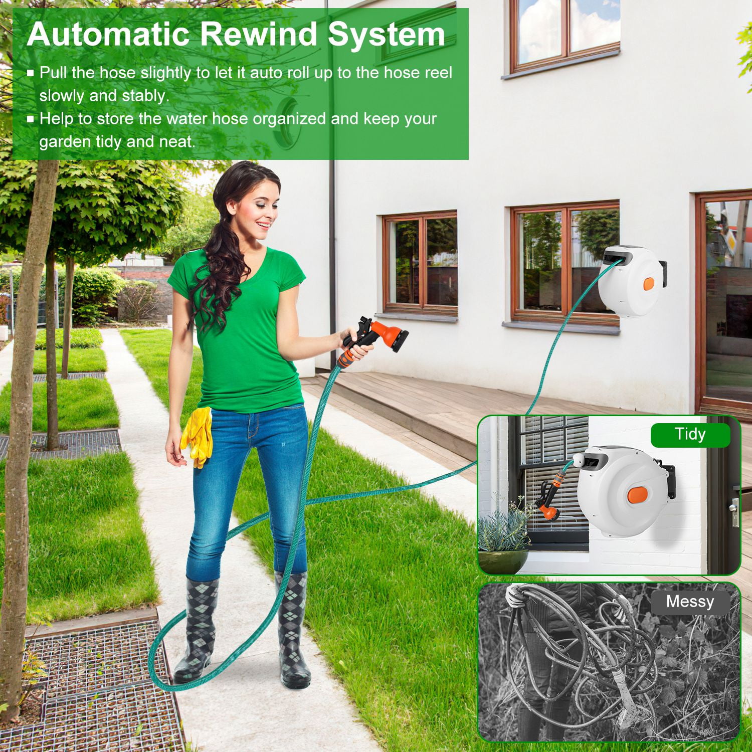 Moclever 98.43ft Retractable Garden Hose Reel, 180° Swivel Wall Mounted Automatic Water Hose Reel with Any Length Lock 8 Pattern Spraying Modes for Lawn Garden, Beige