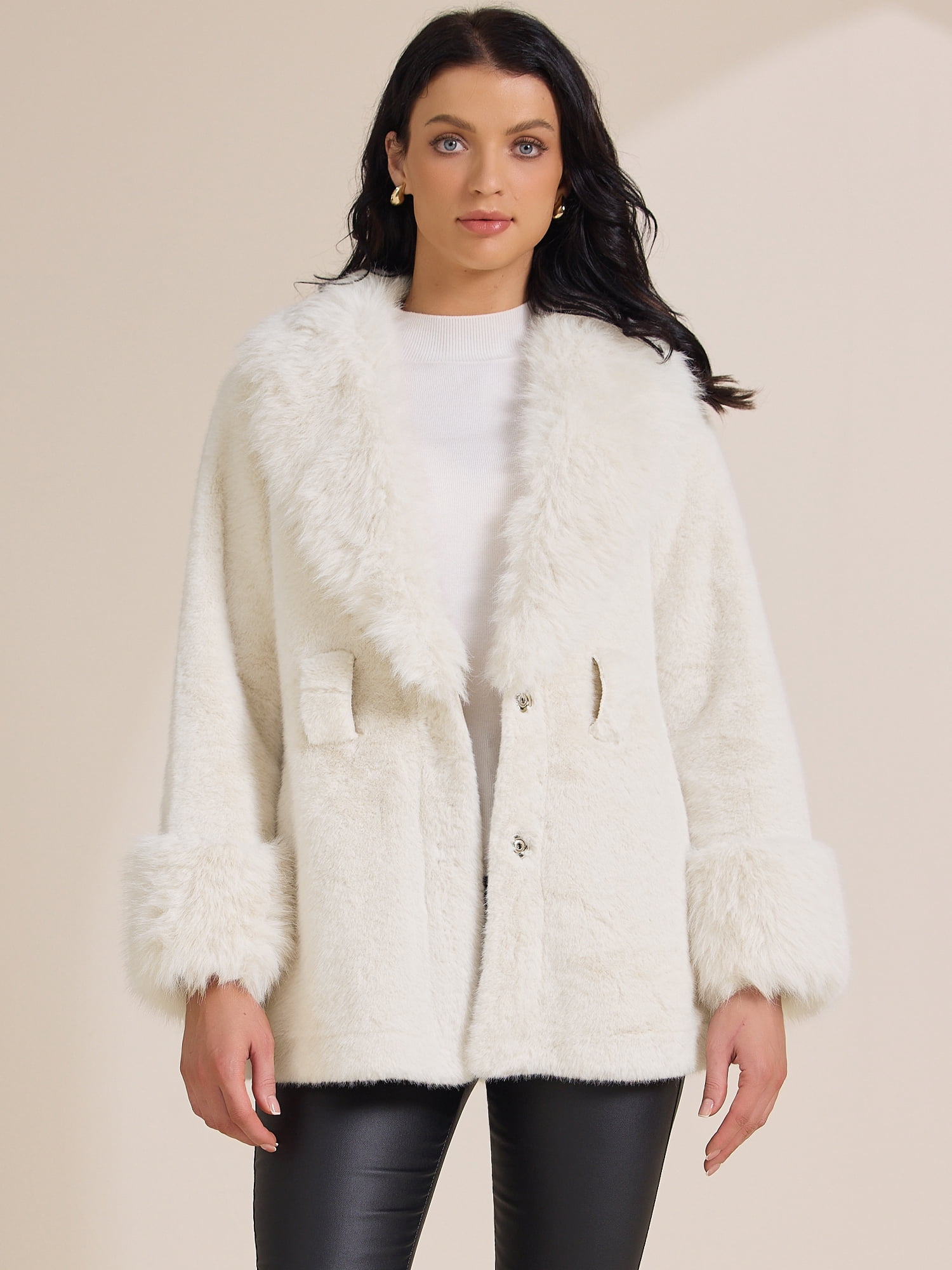 DARING DIVA Women's Faux Fur Long Sleeve Lapel Shaggy Jacket With Pockets L White