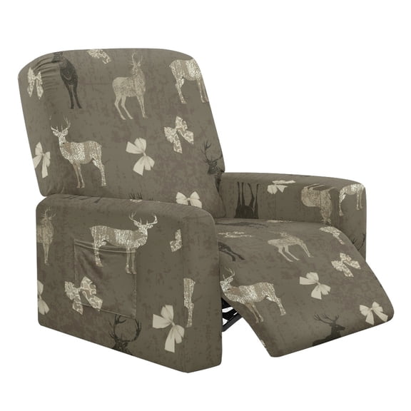 Binienty Vintage Deer Bow Pattern Recliner Chair Covers, Brushed Recliner Chair Protector with Side Pocket, 4 Pieces Anti Wrinkle Recliner Chair Slipcover