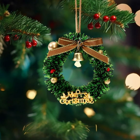 Christmas Wreath Decorations - Mini Wreaths And Christmas Tree Decorations With Bow & Golden Bell Green Artificial For Tree Home Decor