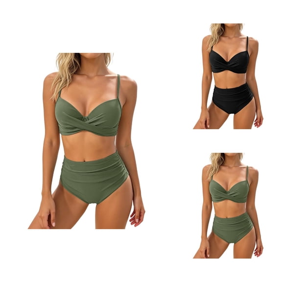 Womens Bikini Swimsuit Metallic Buckle Tankini Top High Waist Bottom Two Piece Swimwear Tummy Control Bathing Suit