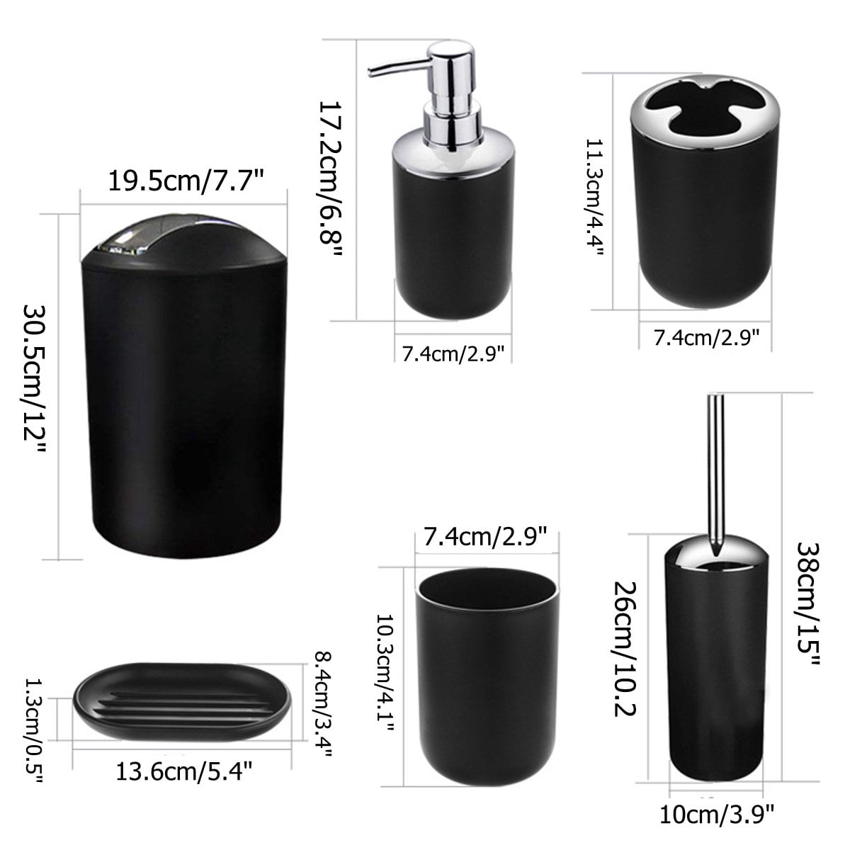 Bathroom Accessories Set 6Pcs Luxury Gift Trash Can, Lotion Dispenser, Toothbrush Holder, Toliet Brush with Holder, Cup, Soap Dish for Home Hotel Bathroom Black