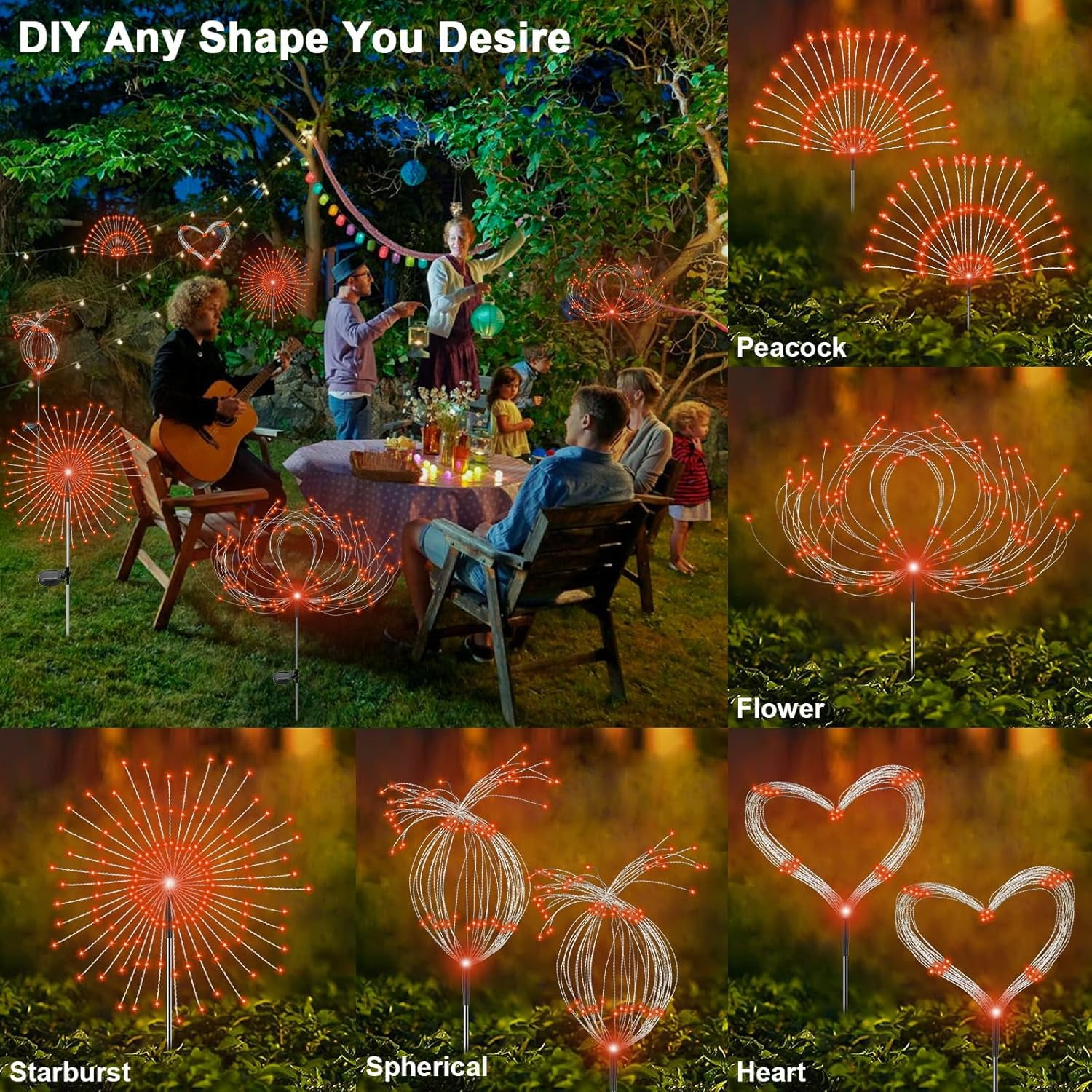 Solar Garden Lights Outdoor, 2 Pack 120 LED Twinkling Firework Lights Decorative with 2 Modes, Outdoor Waterproof Solar Starburst Light for Outside Yard Pathway Garden Decor, Orange