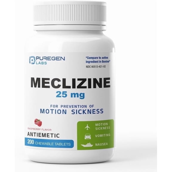 Puregen Labs Meclizine HCl 25 mg Chewable Tablets, Motion Sickness Relief, 200 Count