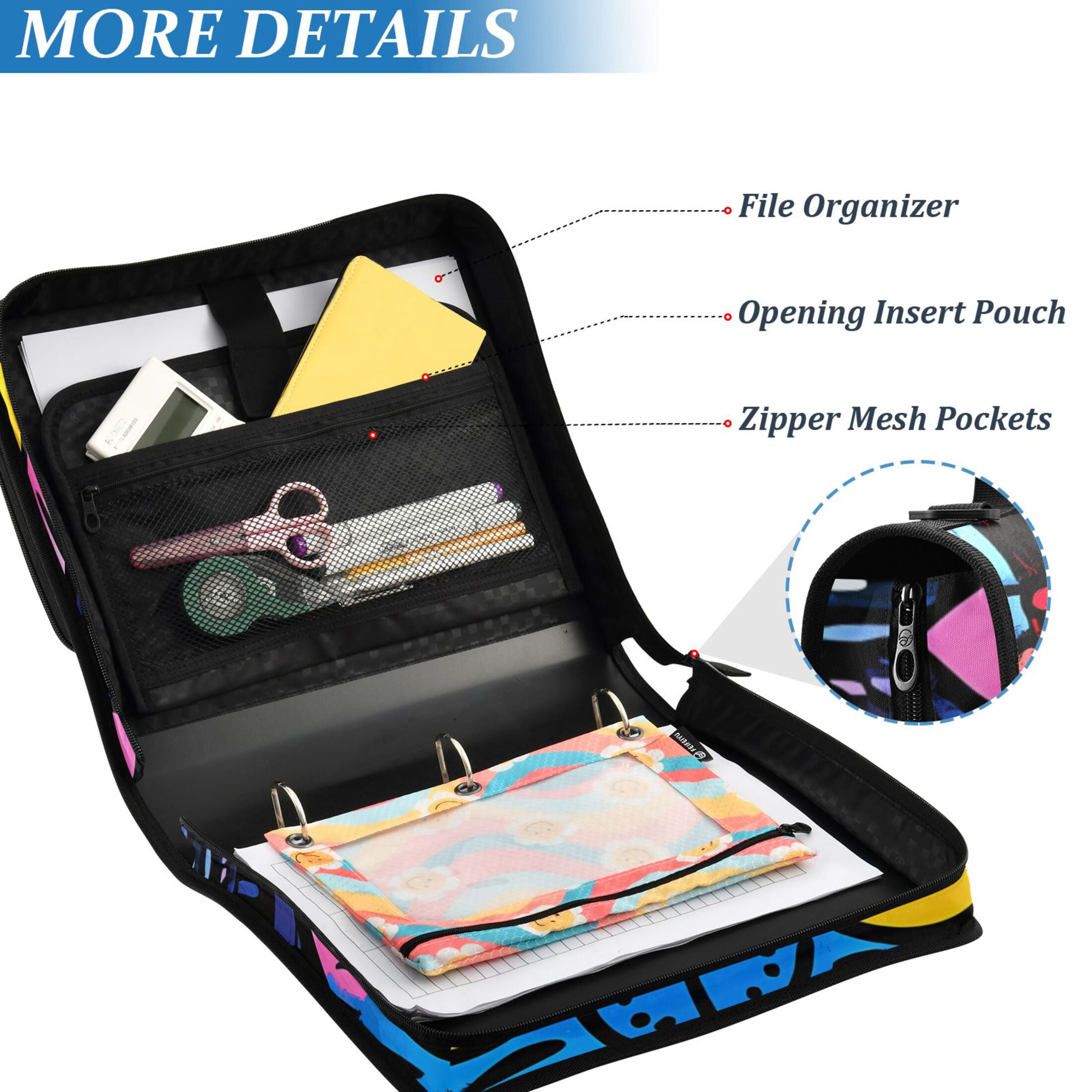 3 Ring Zipper Binder with Shoulder Strap Waterproof Trapper Keeper 2 Inch D-Ring 500 Sheets Capacity Cartoon Graffiti Cat