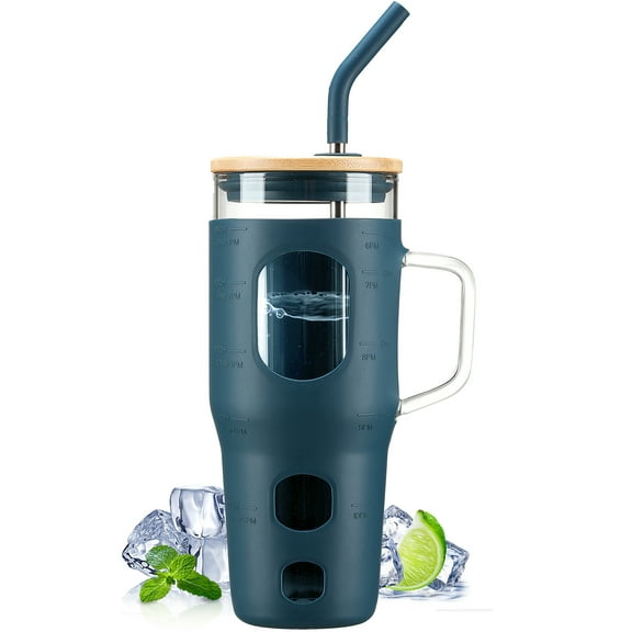 MUKOKO 32 oz Glass Tumbler , Glass Water Bottle with Capacity Marker and Silicone Sleeve, Iced Coffee Drinking Cup with Straw and Lid, Leakproof Suitable for Cup Holders, Blue