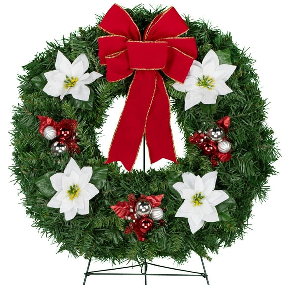Sympathy Silks Christmas Memorial Wreath with Red Ornaments and White Poinsettias, Velvet Bow, 30" Easel
