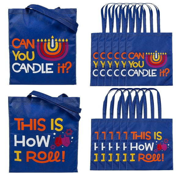 15" x 17" Large Nonwoven Hanukkah Tote Bags - 12 Pieces