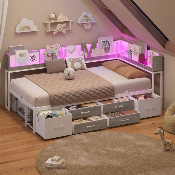 AOGLLATI Twin Size Daybed Frame with 6 Drawers & Bookcase Storage - 14 Inch Metal Platform Bed with Charging Station & LED Lights, White & Oak Grey