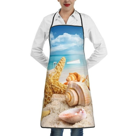 

Lukts Beach Starfish Shell Pattern Kitchen Apron Waterdrop Resistant Apron with adjustable Aprons for Women and Men with Pockets Cooking Apron