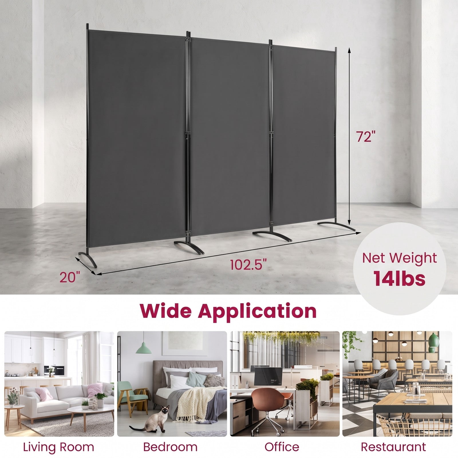 ALPULON 6 FT 3-Panel Room Divider, Freestanding Folding Privacy Partition Screen with Durable Hinges and Steel Base for Office, Bedroom, Home Decor, Gray