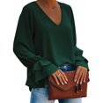 thumbnail image 3 of Blusa verde oscuro de manga larga para el trabajo, citas, fiestas, talla S, blusa holgada con escote en V y volantes para mujer, 3 of 5