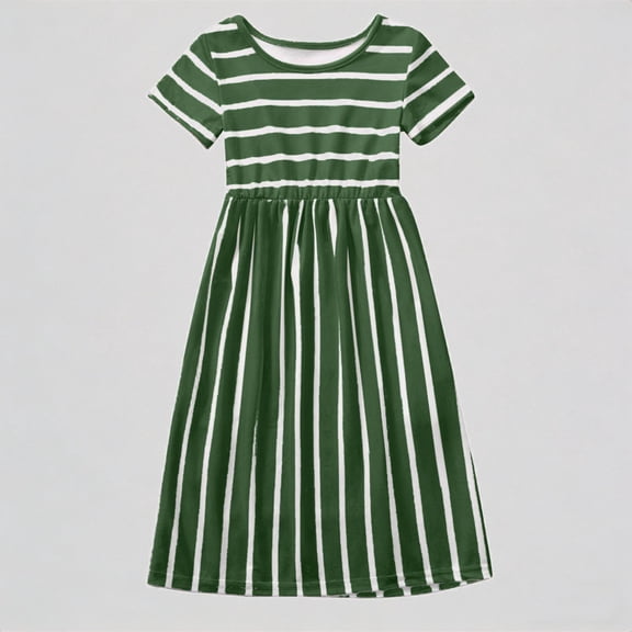 REDARER Girls' Striped Dress, Short Sleeve Two-Tone Stripe A-Line Midi Dress, Casual Princess Dress for Kids,11-12 Years