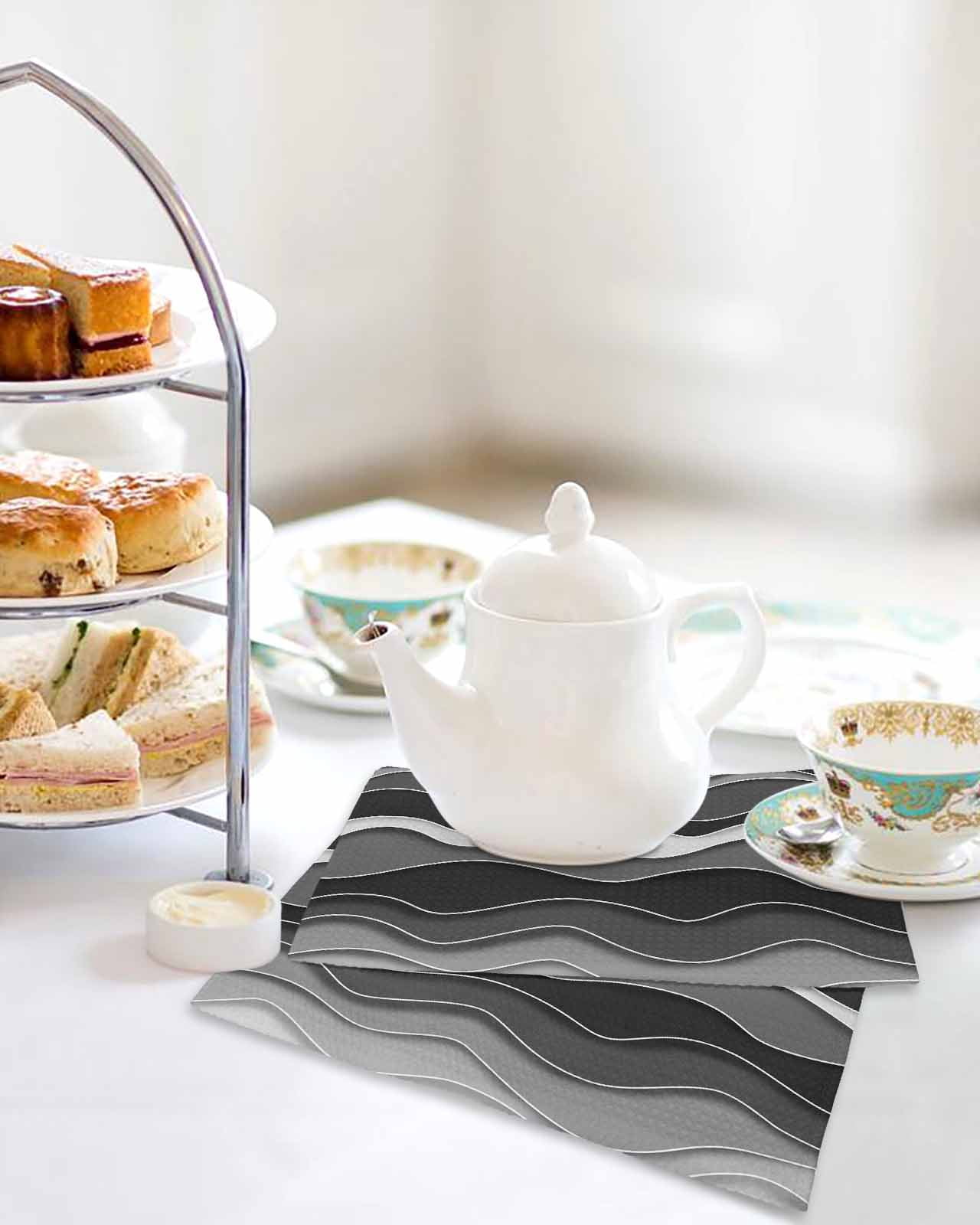 Black Stripes Kitchen Dish Towels for Drying Dishes Set of 4, Modern Simple Greyish Gradient Lines Waffle Weave Microfiber Terry Hand Tea Bathroom Towels Quick Dry & Absorbent Towel 12x12