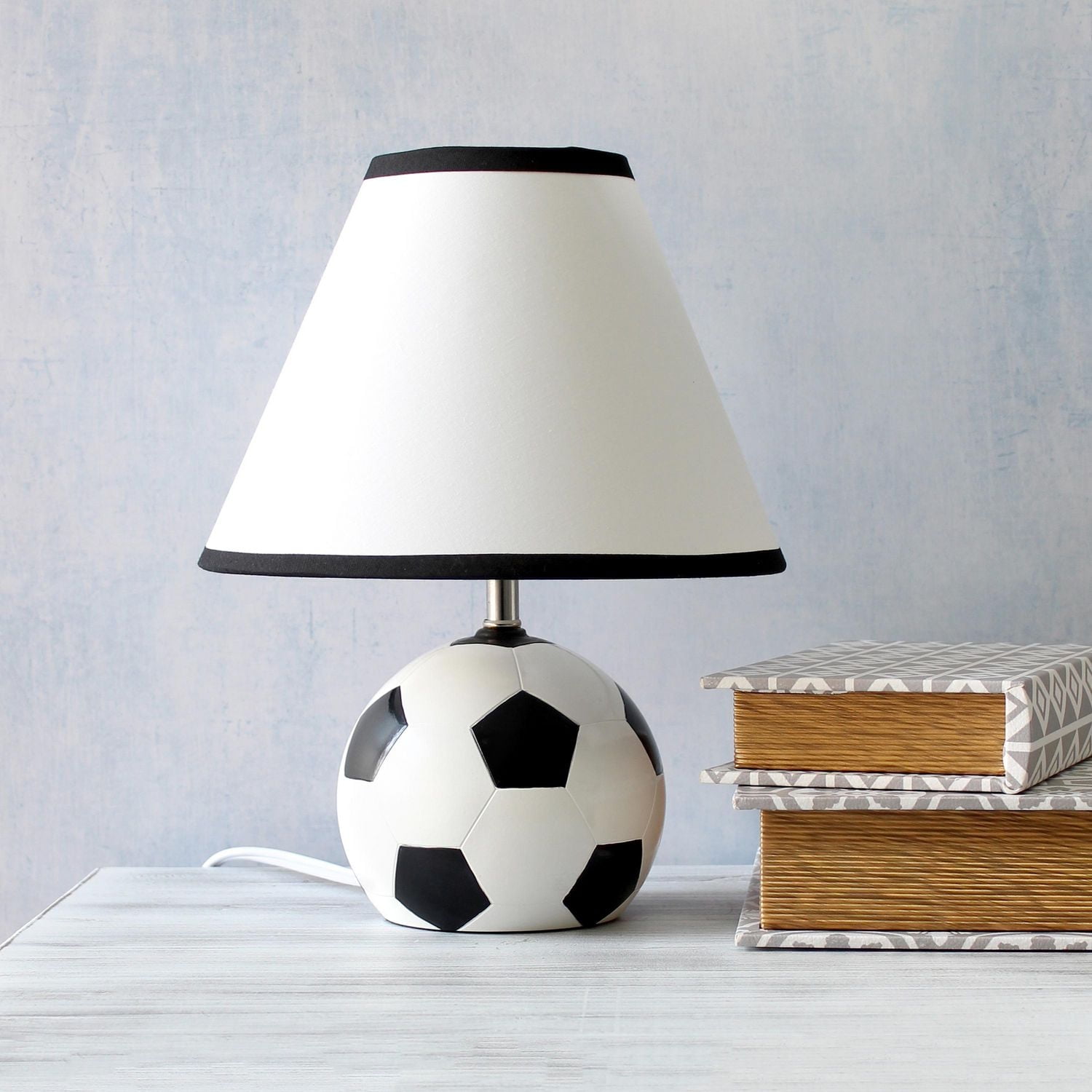Simple Designs SportsLite 11.5" Tall Athletic Sports Soccer Ball Base Ceramic Table Desk Lamp with White Empire Fabric Shade with Black Trim