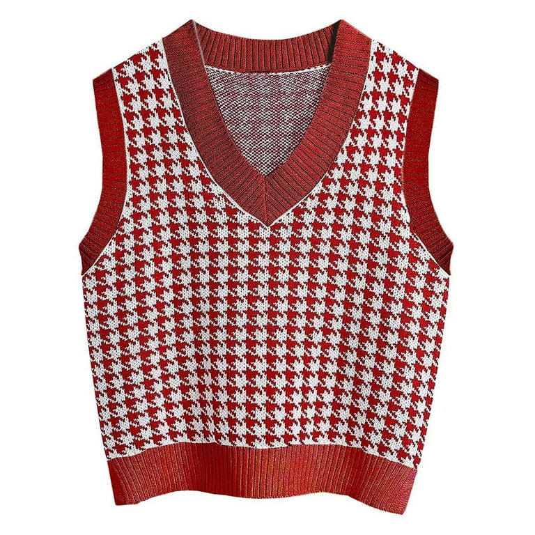 Sksloeg Argyle Sweater Vest Women Trendy Plaid Print V-Neck