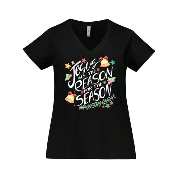 Inktastic Jesus is the Reason for the Season Christmas Bells and Stars Women's Plus Size V-Neck T-Shirt