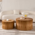 thumbnail image 2 of Vintage Fashion Style Cylindrical Nesting Coffee Table Set with Vertical Textured Embossed Design for Living Room, Office and Dining Room, Natural (Set of 2), 2 of 20