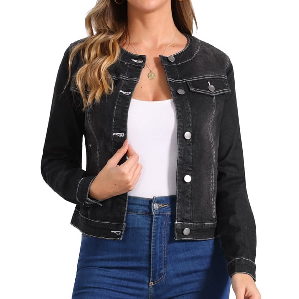 CHAQUETA DE DENIM CORTA SIN CUELLO DE MANGA LARGA PARA MUJERES INSPIRE CHIC XL NEGRA