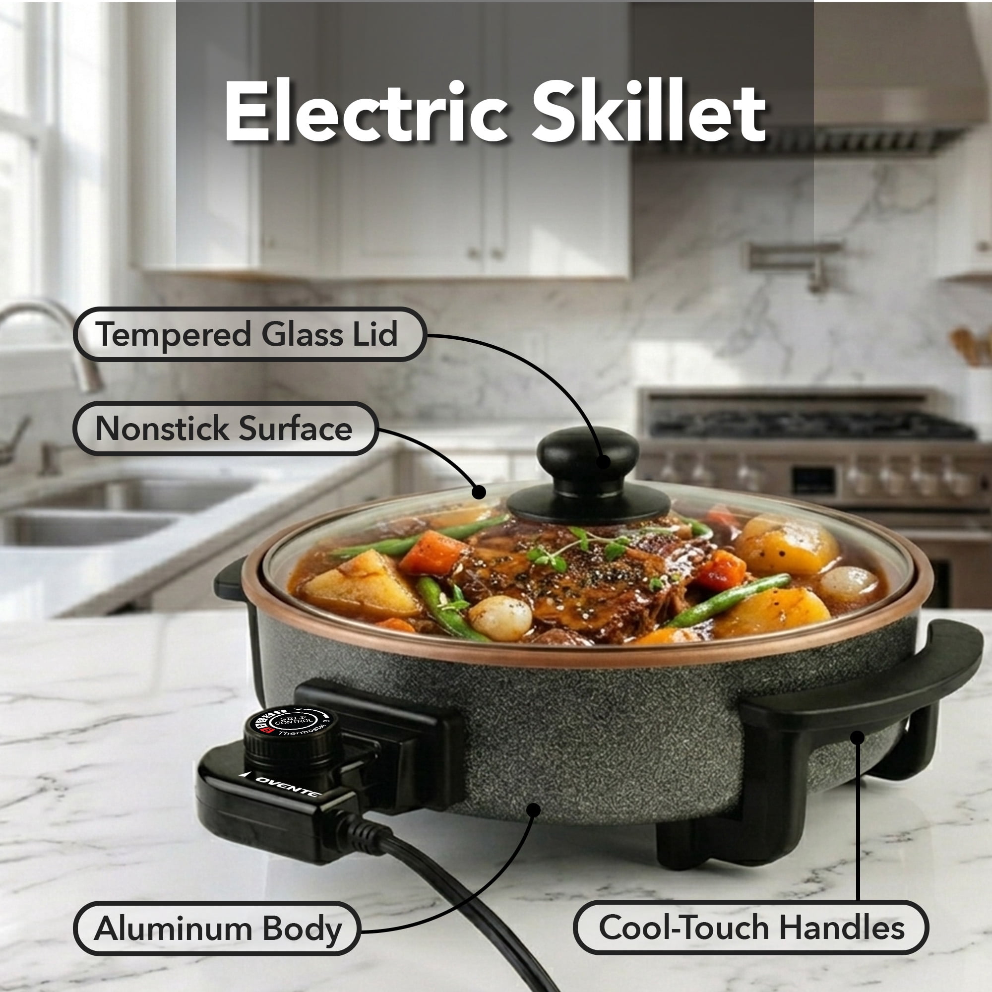 OVENTE 11.5-Inch Electric Skillet, 1400W Nonstick Pan, Copper SK11112CO | Adjustable Temperature Control, Tempered Glass Lid with Steam Vent, Cool-Touch Handles, Easy to Clean Design