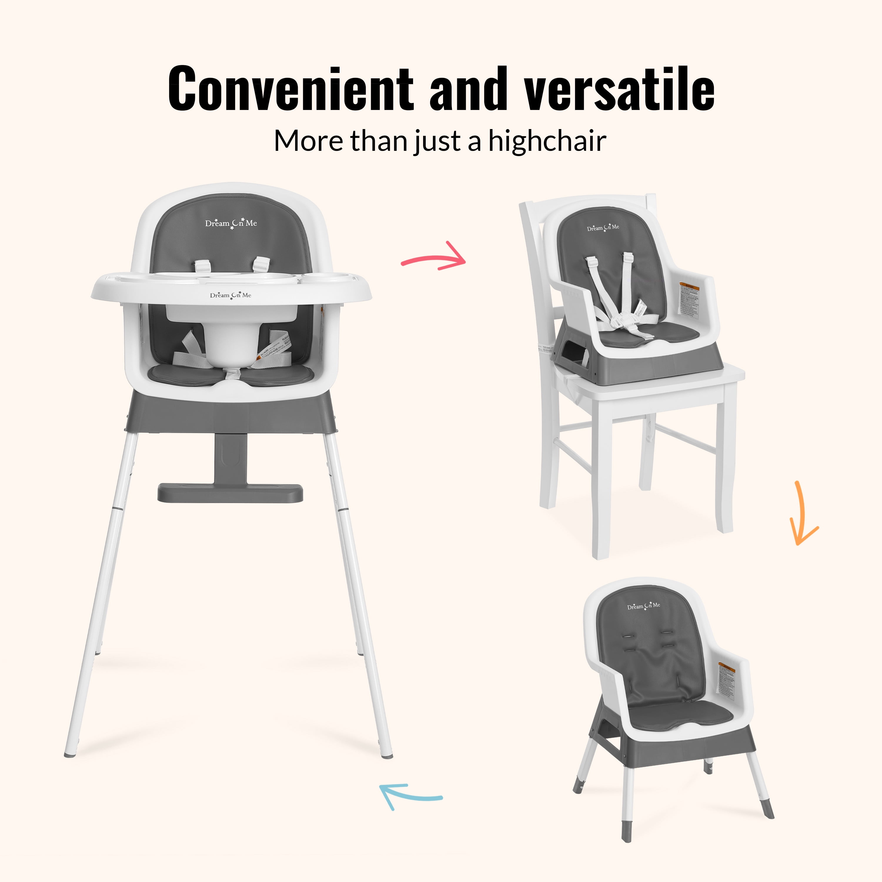 Dream On Me Lightweight & Convertible Curio Sit N Seek High Chair, Grey