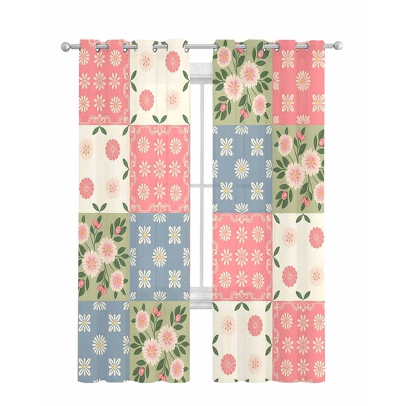 Japanese Style Sheer Curtains 84 Inch Length 2 Panels Set for Living Room/Bedroom, Colorful Patchwork Flowers Leaves Plaid Kitchen Curtains Grommet Semi-Sheer Curtains Window Treatments 42"x84"x2