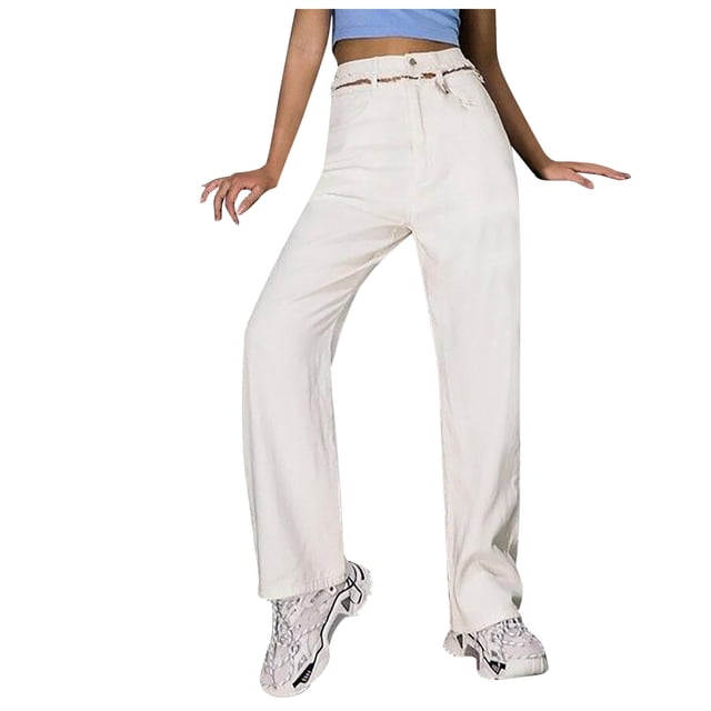 Bigersell Ripped High Waist Jeans for Women Full Length Pants Jeans Women Button High Waist Pocket Solid Color Jeans Trousers Loose Denim Pants Stretch Jean for Ladies
