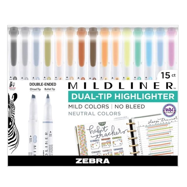 Set de iluminadores Zebra Pen Mildliner de doble punta, 15 unidades