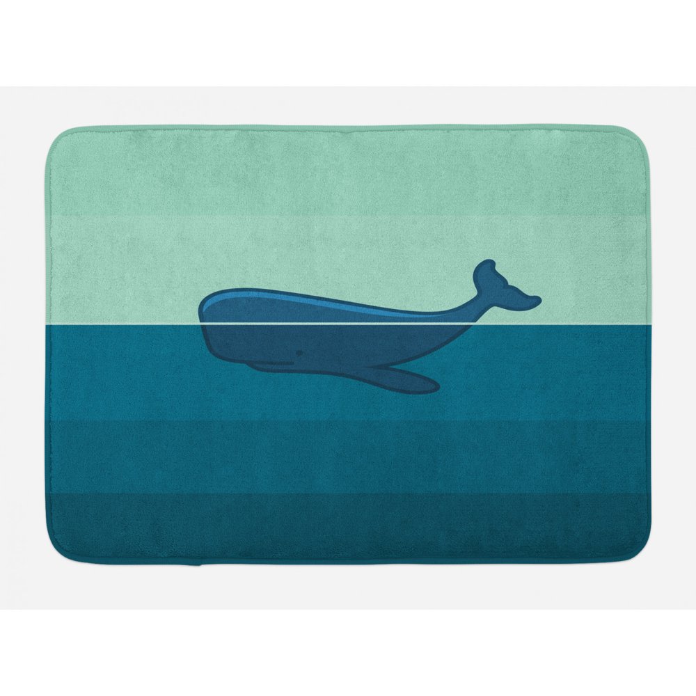 Whale Bath Mat, Big Blue Whale Half of it Swimming on the top of Ocean