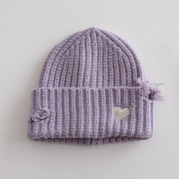 PInxai Kids Winter Knitted Hats Windproof Warm Comfy Children Caps Casual Comfy Stretch Heart Embroidered Outdoor Hats,Purple,Free Size