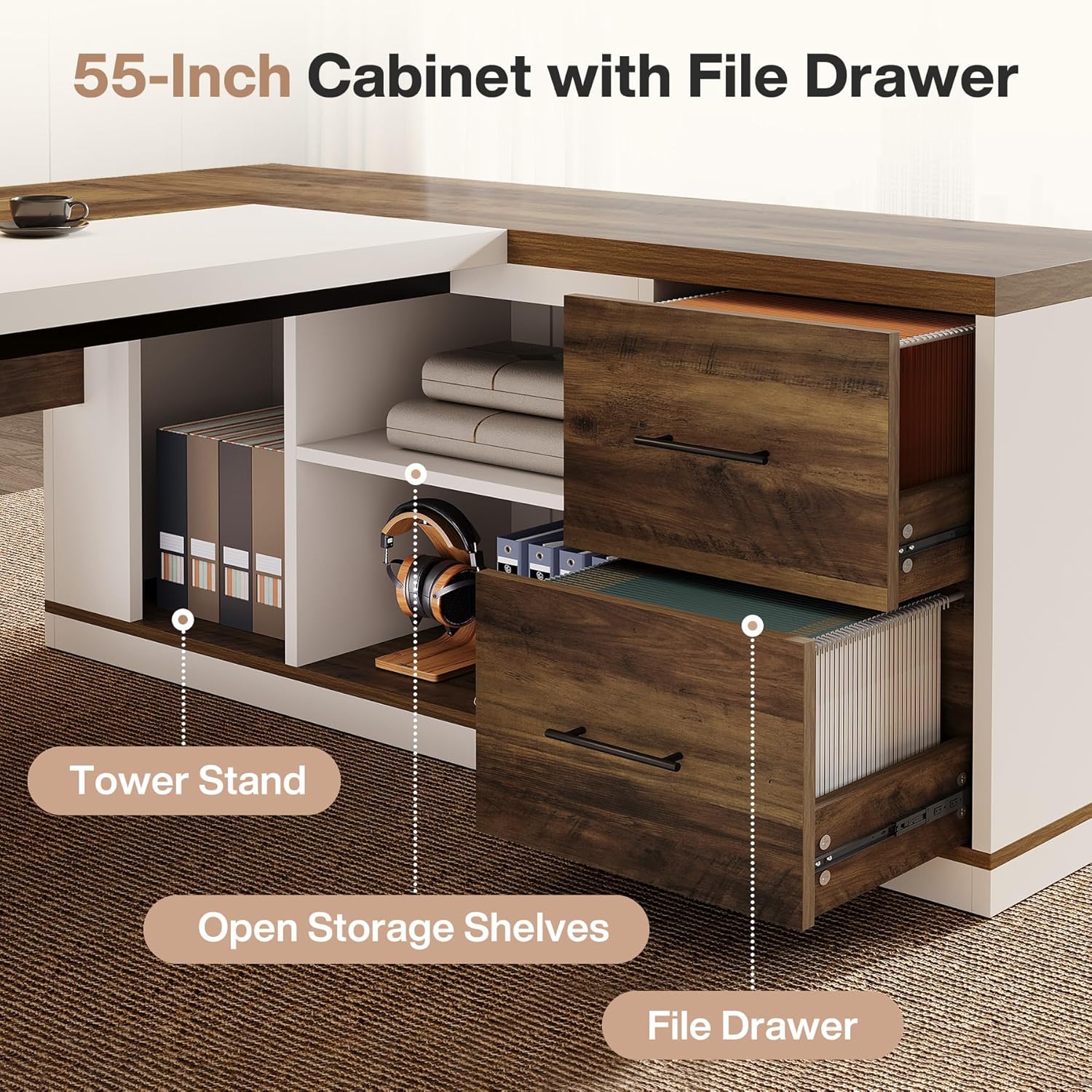 Finmind 78.7" L-Shaped Executive Desk, Modern Office Computer Desk with 55" Storage Cabinet, Drawers & Shelves, Brown & White