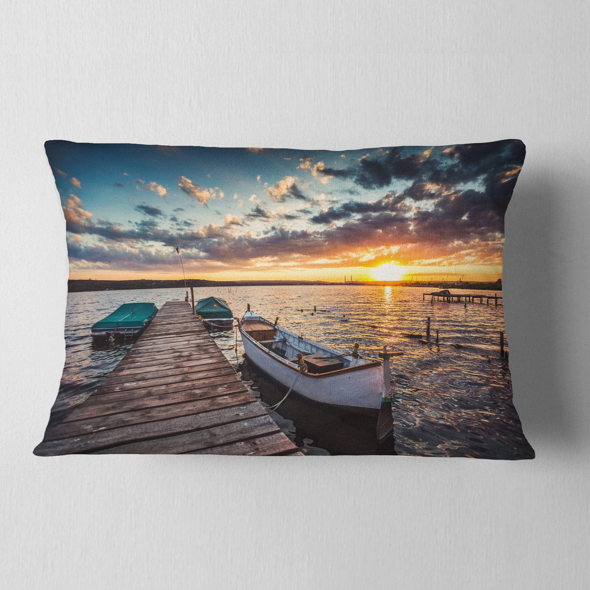Designart Boats and Jetty under Dramatic Sky - Modern Throw Pillow - 12x20