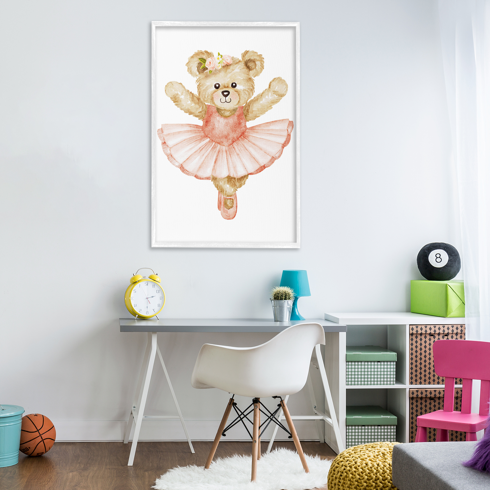Teddy Bear Ballet Tutu White Framed Giclee Art, design by Amy Hall