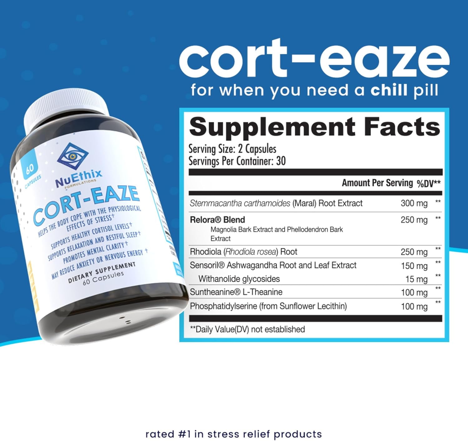 NuEthix Cort-Eaze Cortisol-Control Promotes Relaxation and Better Sleep with L-Theanine, 60 Capsules, 30 Servings