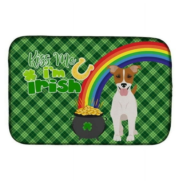 Brown White Smooth Jack Russell Terrier St. Patrick's Day Dish Drying Mat 14 in x 21 in