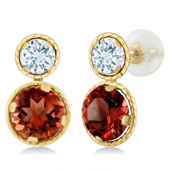 Gem Stone King 14K Yellow Gold Red Garnet and Sky Blue Aquamarine Earrings for Women (2.50 Cttw, Gemstone January Birthstone, Round Cut 6MM and 4MM)
