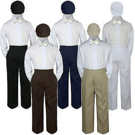 

4pc Boy Suit Set Ivory Off White Bow Tie Baby Toddler Kid Formal Hat Pants S-7