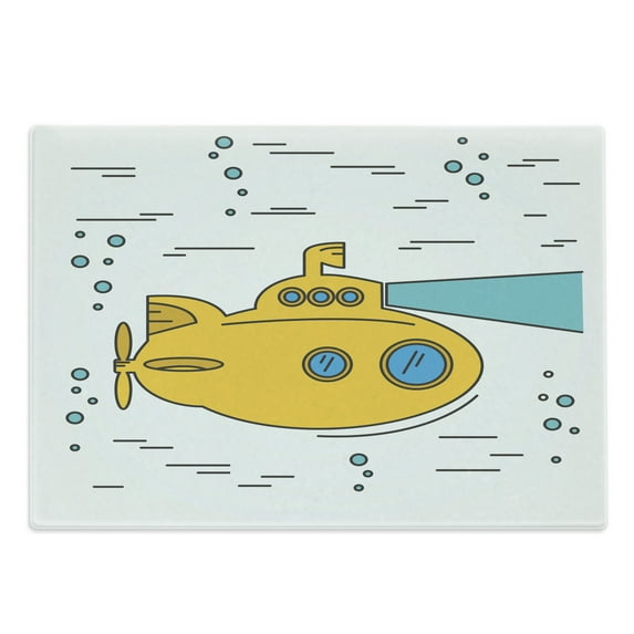 Yellow Submarine Cutting Board, Ocean Nautical Adventure Underwater Bubbles Porthole Cartoon, Decorative Tempered Glass Cutting and Serving Board, Large Size, White Yellow Blue, by Ambesonne