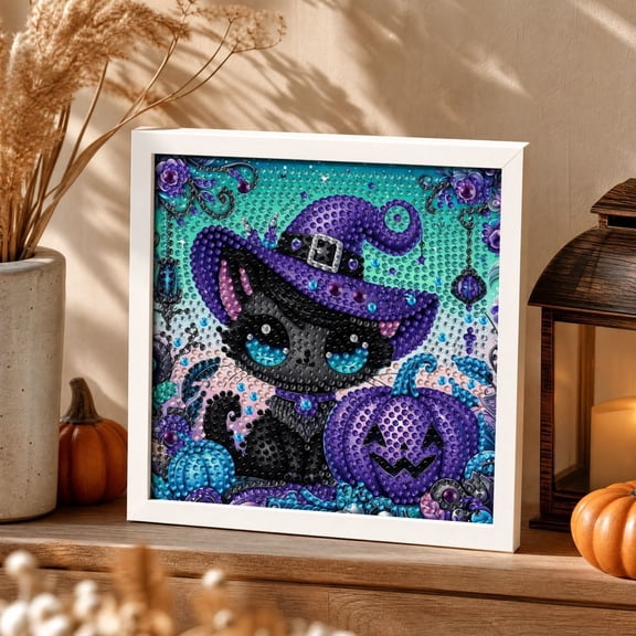 Halloween Pearl Diamond Art Kit Cat Design, Framed DIY Painting Craft Set for Fall Holiday Home Wall Decor and Creative Decoration