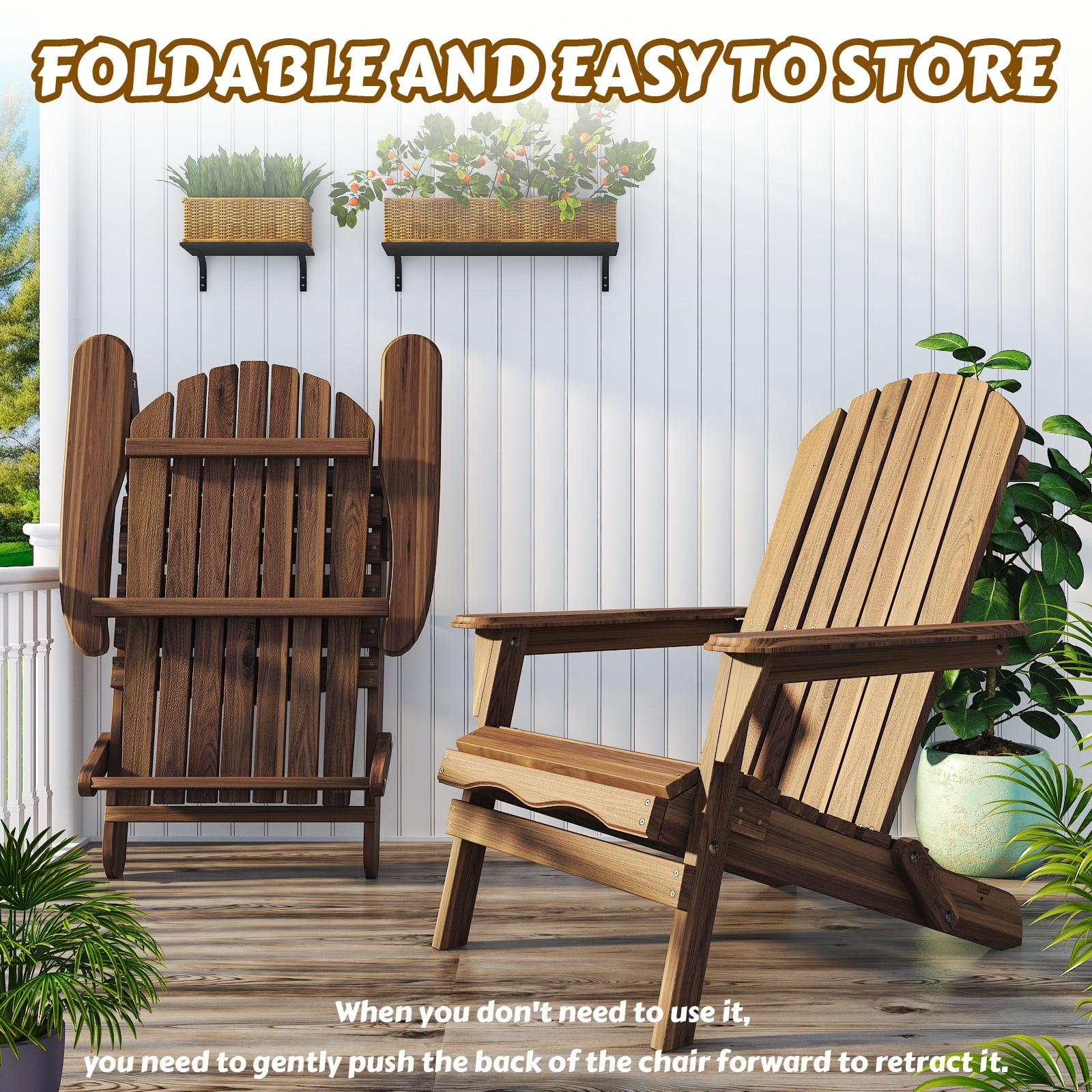 Ktaxon 1 Pack Patio Wood Adirondack Chair, Garden Chaise Chair Outdoor Folding Chair, Wooden Chair for Patio, Garden, Carbonized Color