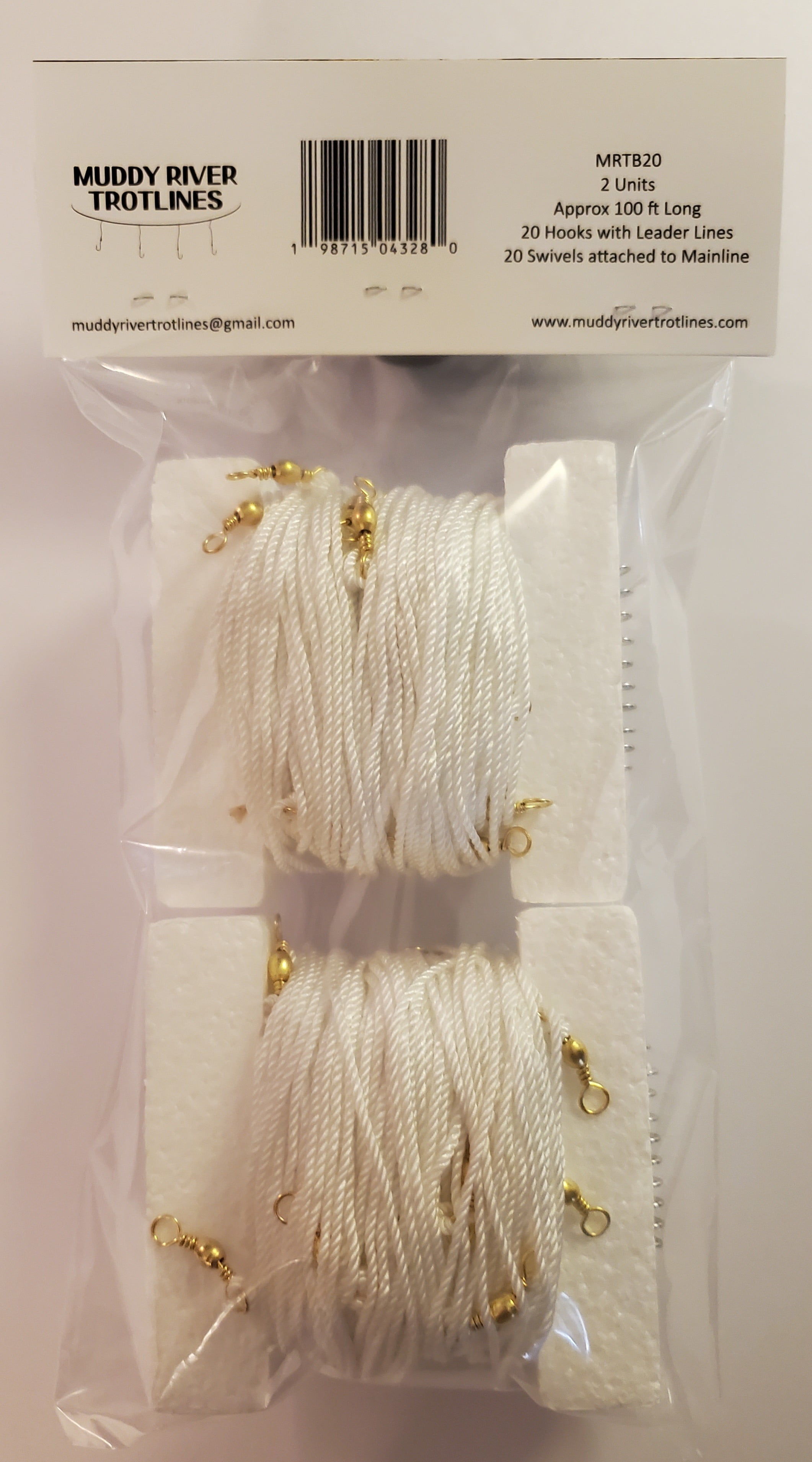 Muddy River Trotlines Package of 2 Complete Trotline kit Including Mainline prerigged with Swivels, Leader Lines and Hooks., 100 feet, white