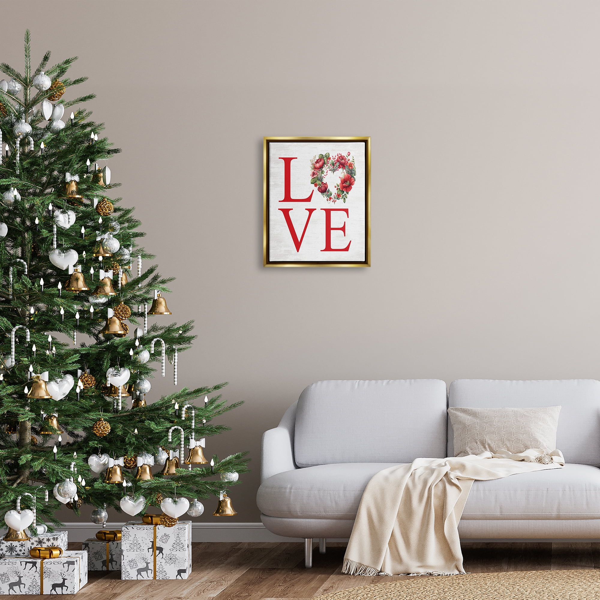 Stupell Industries Love with Heart Wreath Botanical & Floral Painting Gold Floater Framed Canvas Art Print Wall Art, 17 x 21
