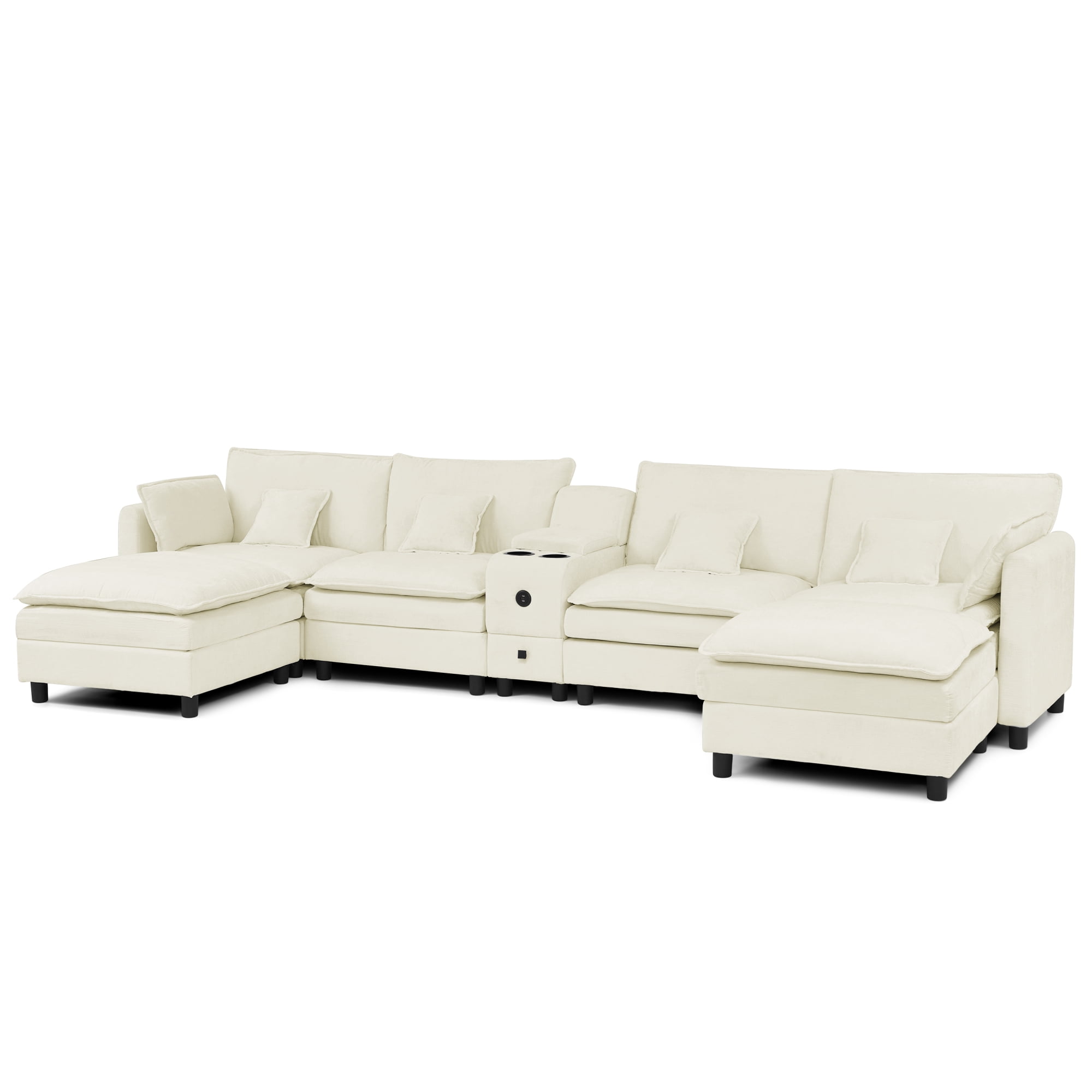 Modular U-Shaped Sectional Sofa with Reversible Chaise, USB Charging Ports & Storage Drawer, 6-Seater Sofa Couch with Flip-Top Cup Holder Console, Arm Pockets & Detachable Cushions